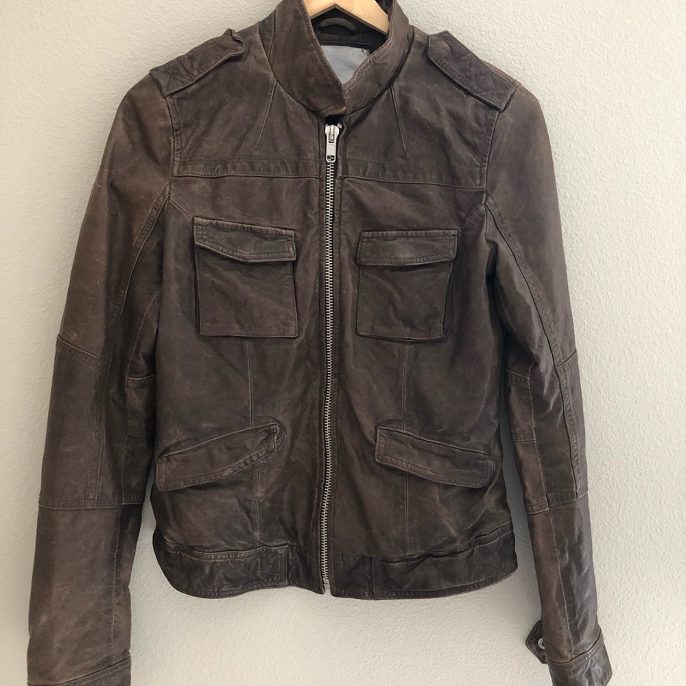 Brown leather moto jacket